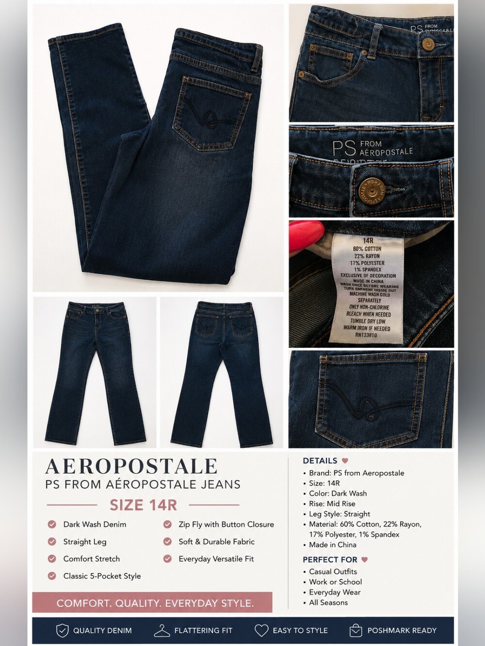 PS From Aeropostale Dark Wash Straight Leg Jeans Women's Size 14R Stretch